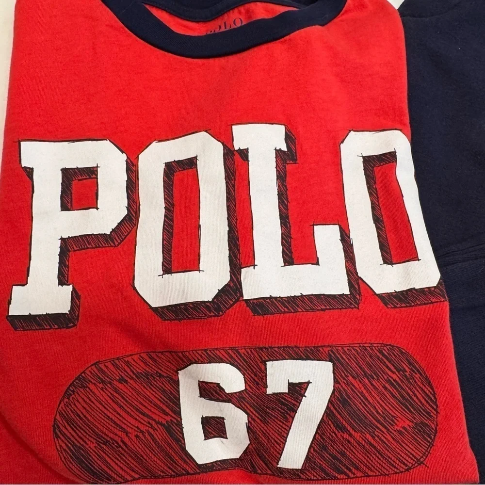 Polo Ralph Lauren Boys Set Red Tee Shirt Sz 8 & Navy Blue Sweatpants Sz 7